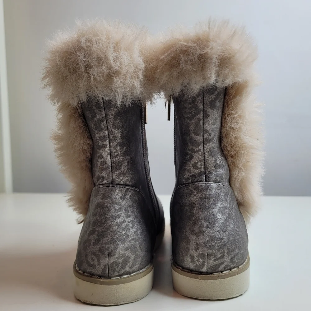 Tahari Gray Leopard Print Faux Fur Side Zip Bootie Size Girl's 10